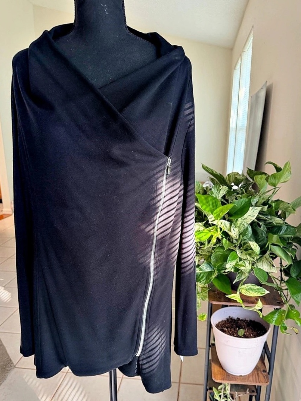 NWT Fifteen Twenty Black Draped Leather Patch Zip Jacket Casual Cowl Neck Large